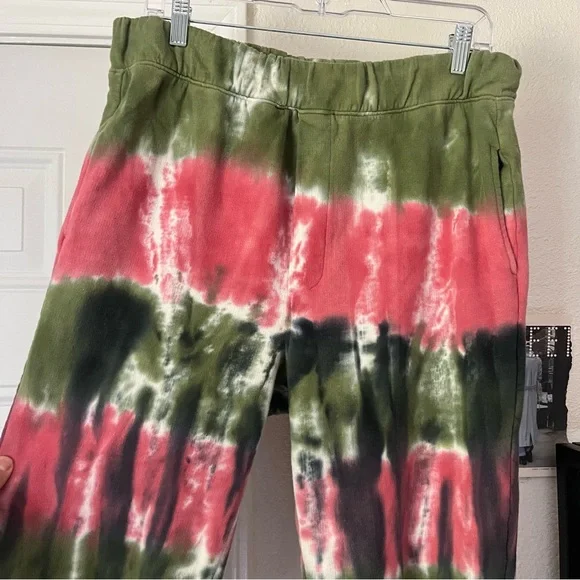 SANDRINE ROSE pink green striped tie dye knit cotton straight leg cropped pants